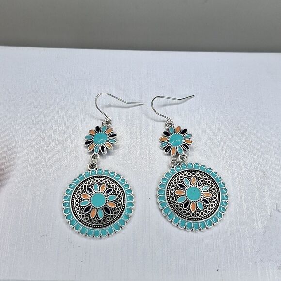 Bohemian turquoise colorful multicolor mandala earrings - Picture 5 of 5
